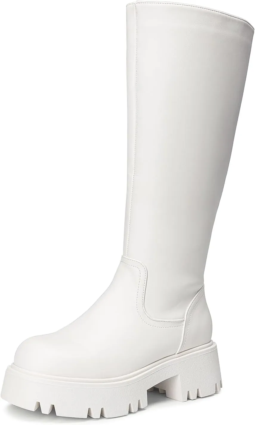 DREAM PAIRS Knee High Boots, Comfortable Chunky Platform Round-Toe Side Zip Boots for Women
