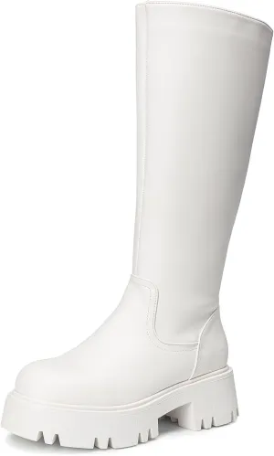 DREAM PAIRS Knee High Boots, Comfortable Chunky Platform Round-Toe Side Zip Boots for Women