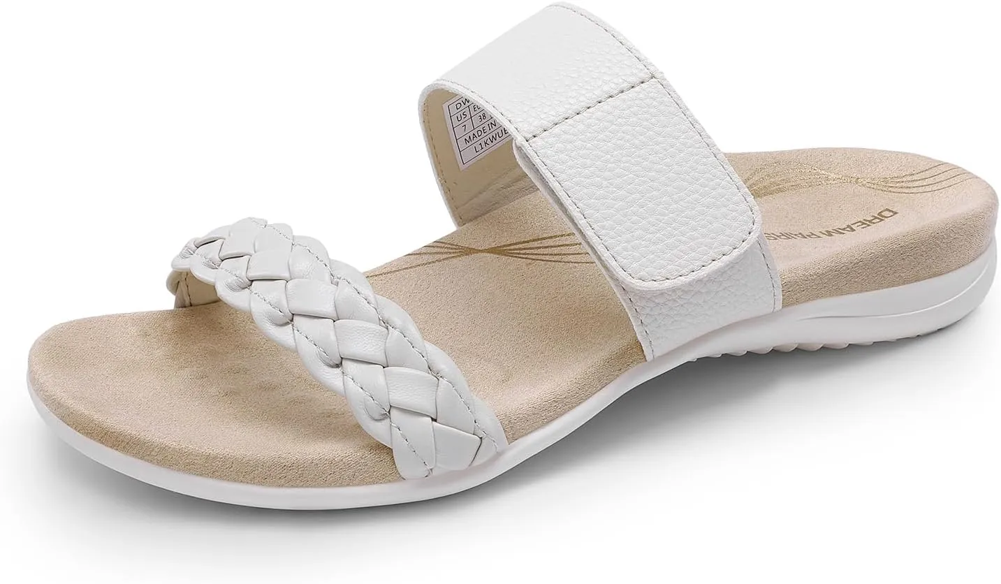DREAM PAIRS Women's Arch Support Slides Flat Sandals Soft Cushion Slippers With Adjustable Straps