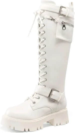 DREAM PAIRS Women's Combat Riding Platform Knee High Boots, Lace Up Fall Lug Sole Gothic Motorcycle Boots with Inside Zipper
