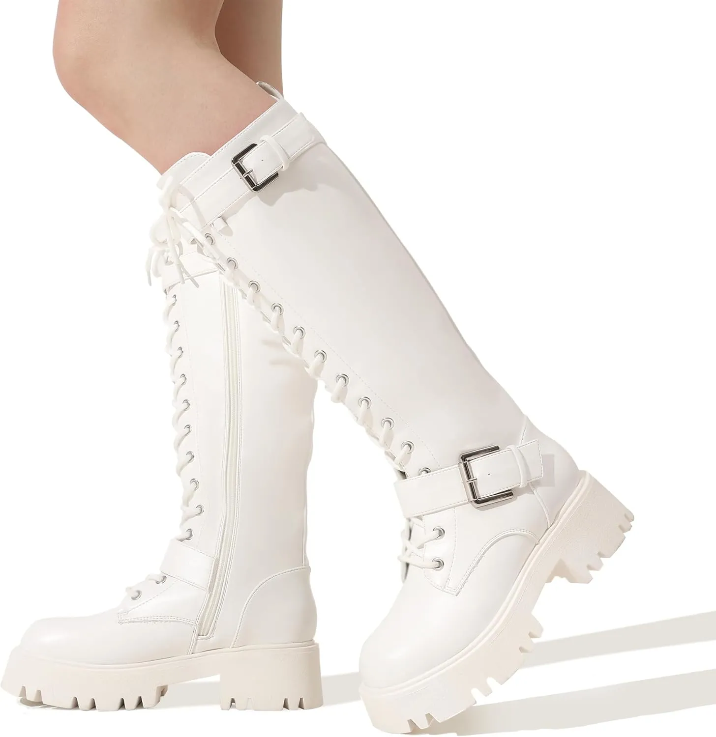DREAM PAIRS Women's Combat Riding Platform Knee High Boots, Lace Up Fall Lug Sole Gothic Motorcycle Boots with Inside Zipper