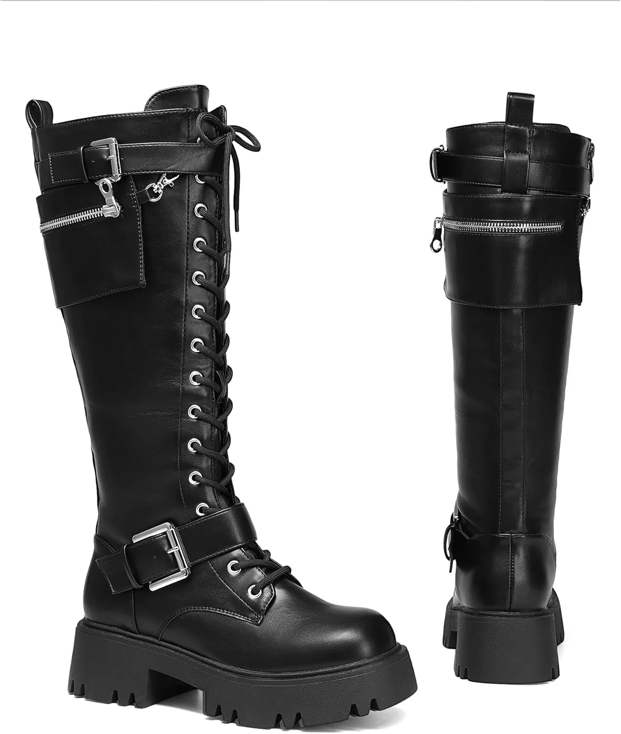 DREAM PAIRS Women's Combat Riding Platform Knee High Boots, Lace Up Fall Lug Sole Gothic Motorcycle Boots with Inside Zipper
