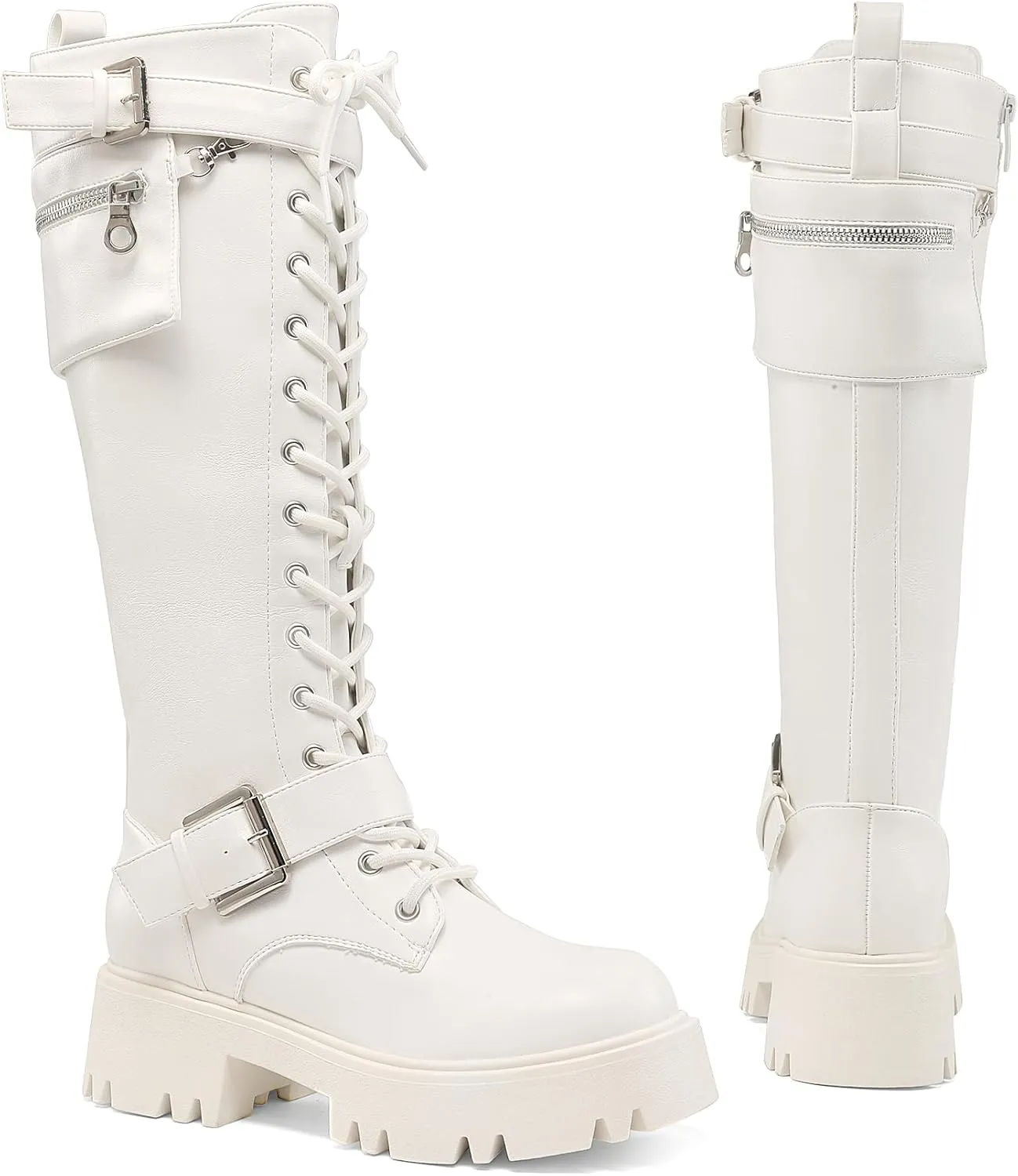 DREAM PAIRS Women's Combat Riding Platform Knee High Boots, Lace Up Fall Lug Sole Gothic Motorcycle Boots with Inside Zipper