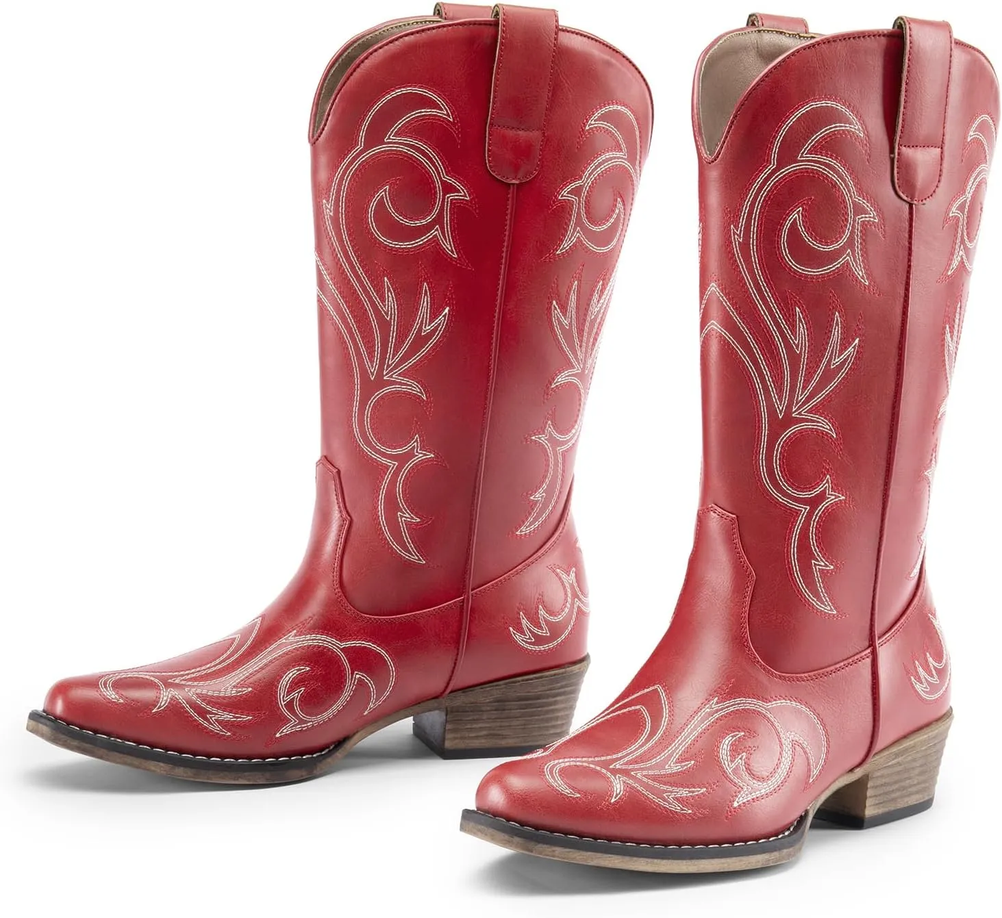 DREAM PAIRS Women's Cowboy Boots Mid Calf Cowgirl Boots Square Toe Chunky Heel Embroidery Stitched Western Boots