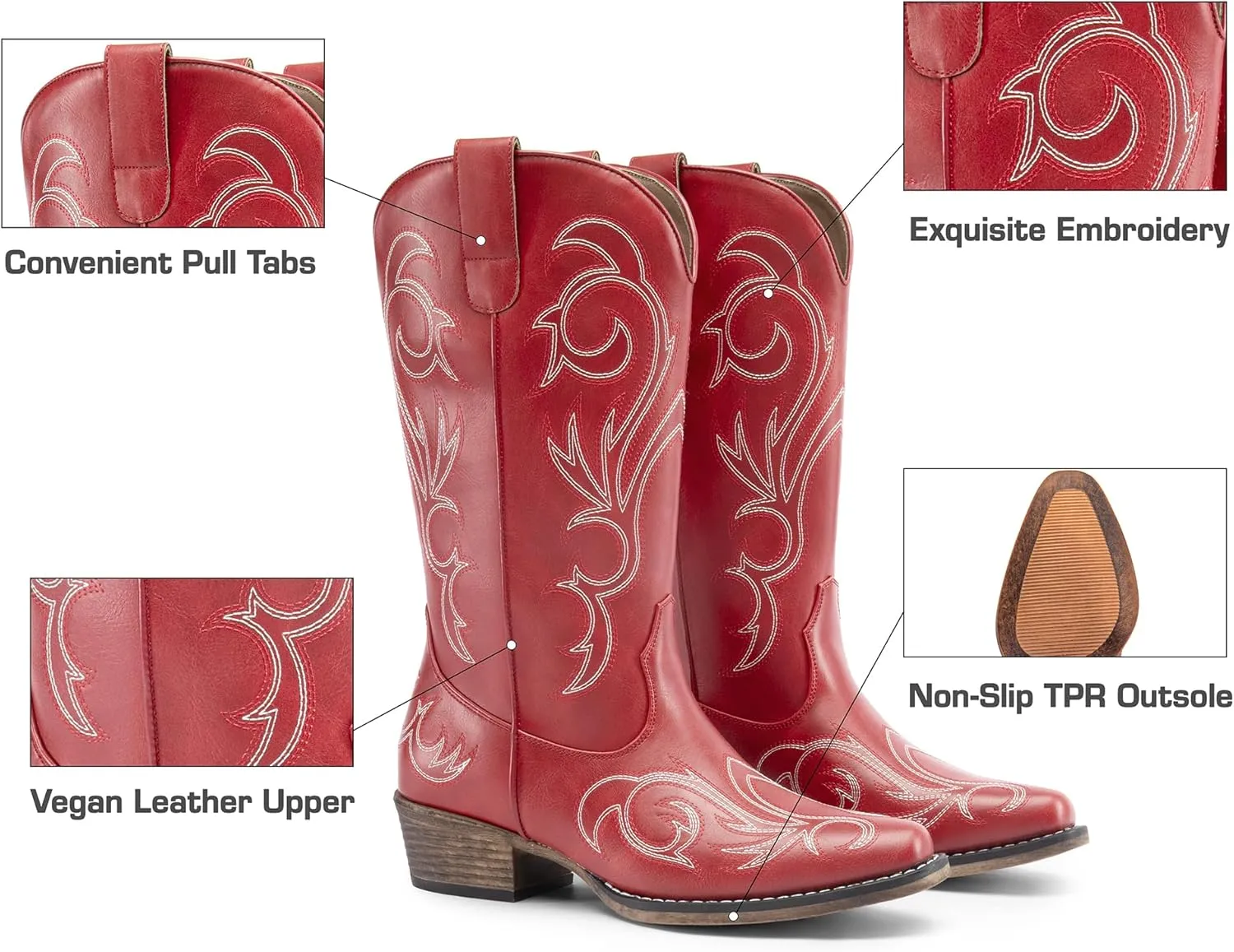 DREAM PAIRS Women's Cowboy Boots Mid Calf Cowgirl Boots Square Toe Chunky Heel Embroidery Stitched Western Boots