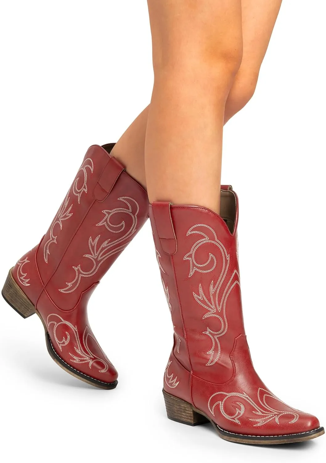 DREAM PAIRS Women's Cowboy Boots Mid Calf Cowgirl Boots Square Toe Chunky Heel Embroidery Stitched Western Boots