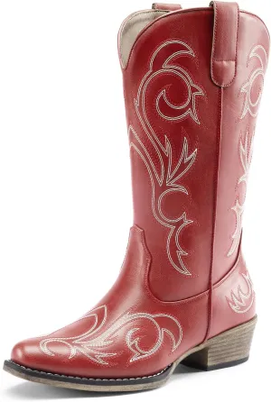 DREAM PAIRS Women's Cowboy Boots Mid Calf Cowgirl Boots Square Toe Chunky Heel Embroidery Stitched Western Boots