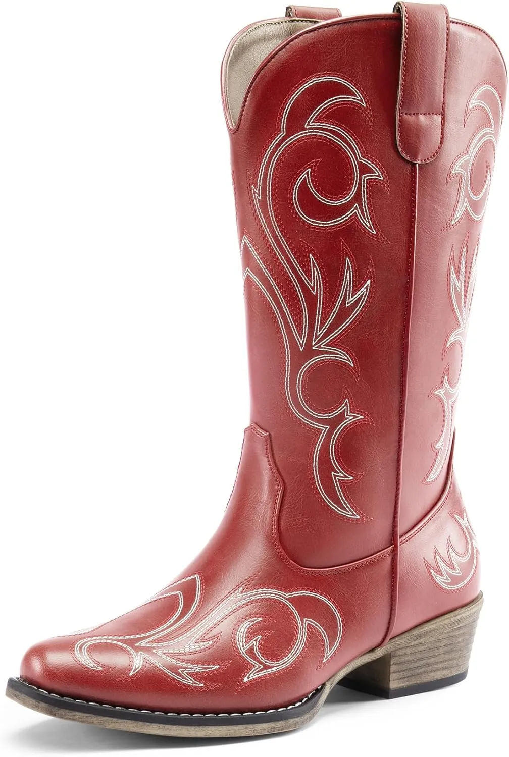 DREAM PAIRS Women's Cowboy Boots Mid Calf Cowgirl Boots Square Toe Chunky Heel Embroidery Stitched Western Boots