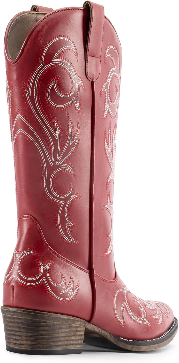 DREAM PAIRS Women's Cowboy Boots Mid Calf Cowgirl Boots Square Toe Chunky Heel Embroidery Stitched Western Boots