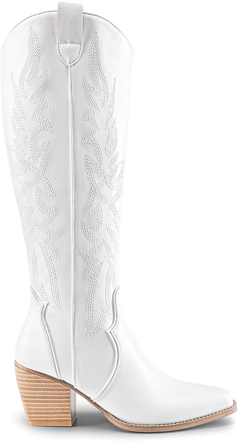 DREAM PAIRS Womens Cowboy Boots Wide Calf Comfortable Pull On Zipper Chunky Heel Pointed Toe Embroidered Western Cowgirl Knee High Boots Girls Ladies Retro Tall Boot