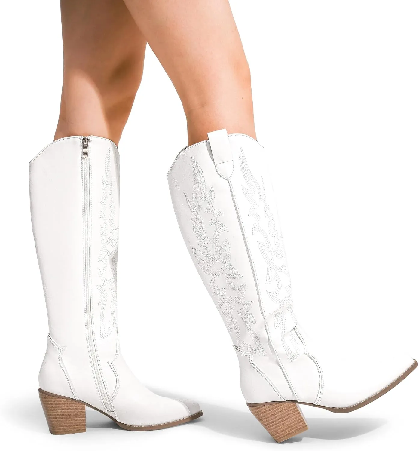 DREAM PAIRS Womens Cowboy Boots Wide Calf Comfortable Pull On Zipper Chunky Heel Pointed Toe Embroidered Western Cowgirl Knee High Boots Girls Ladies Retro Tall Boot