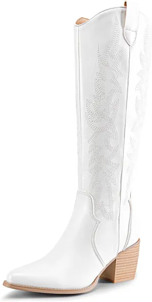 DREAM PAIRS Womens Cowboy Boots Wide Calf Comfortable Pull On Zipper Chunky Heel Pointed Toe Embroidered Western Cowgirl Knee High Boots Girls Ladies Retro Tall Boot