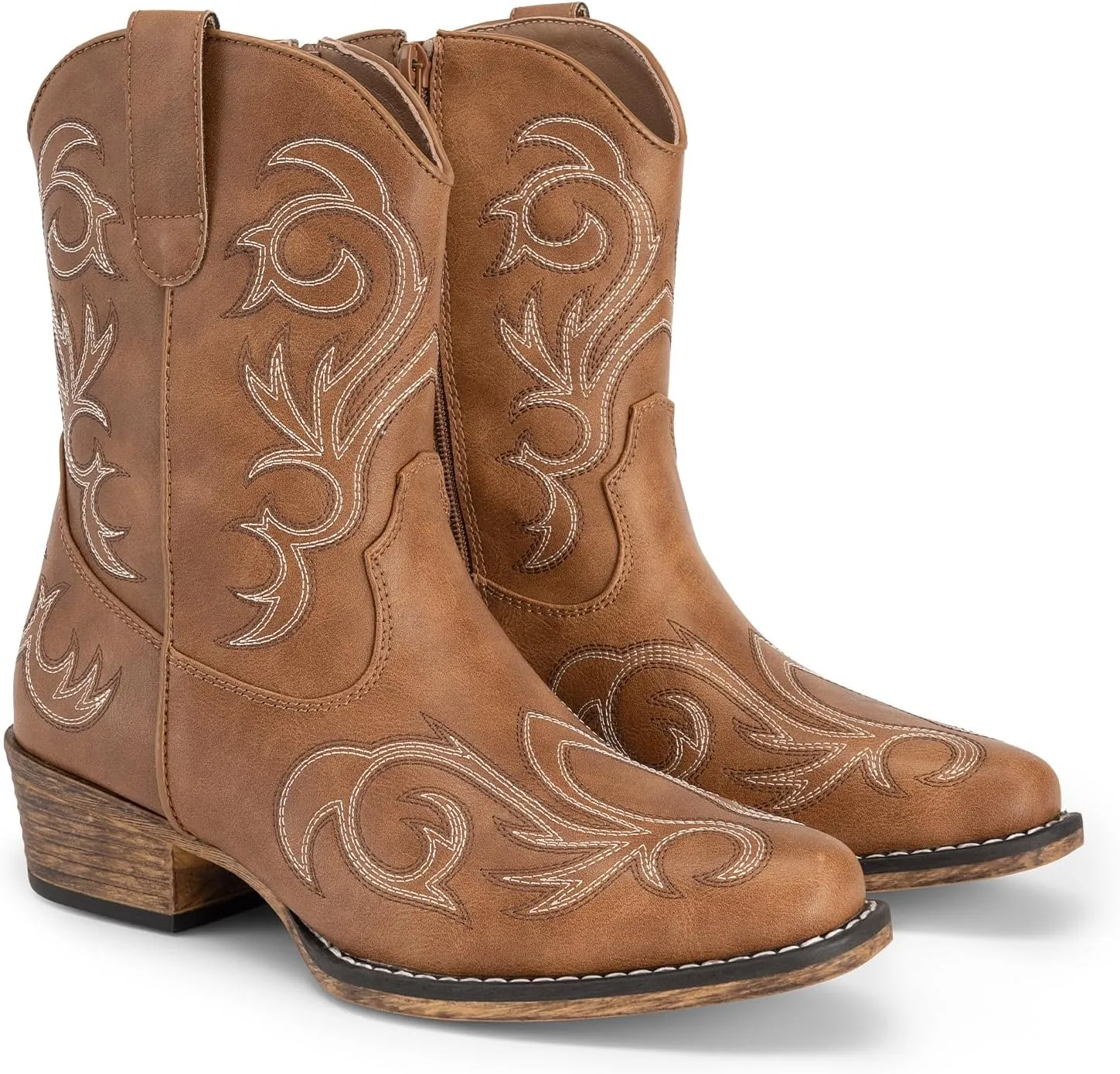 DREAM PAIRS Women's Cowboy Cowgirl Western Boots Embroidered Stitched Ankle Boots Square Toe Chunky Heel Fashion Short Booties with Zipper