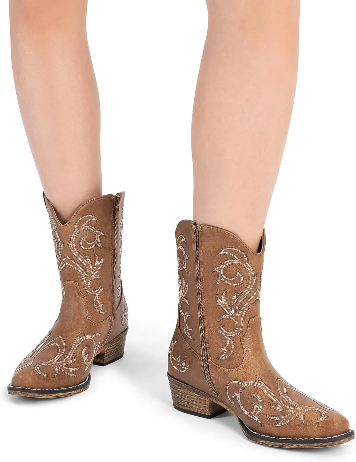 DREAM PAIRS Women's Cowboy Cowgirl Western Boots Embroidered Stitched Ankle Boots Square Toe Chunky Heel Fashion Short Booties with Zipper