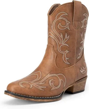 DREAM PAIRS Women's Cowboy Cowgirl Western Boots Embroidered Stitched Ankle Boots Square Toe Chunky Heel Fashion Short Booties with Zipper