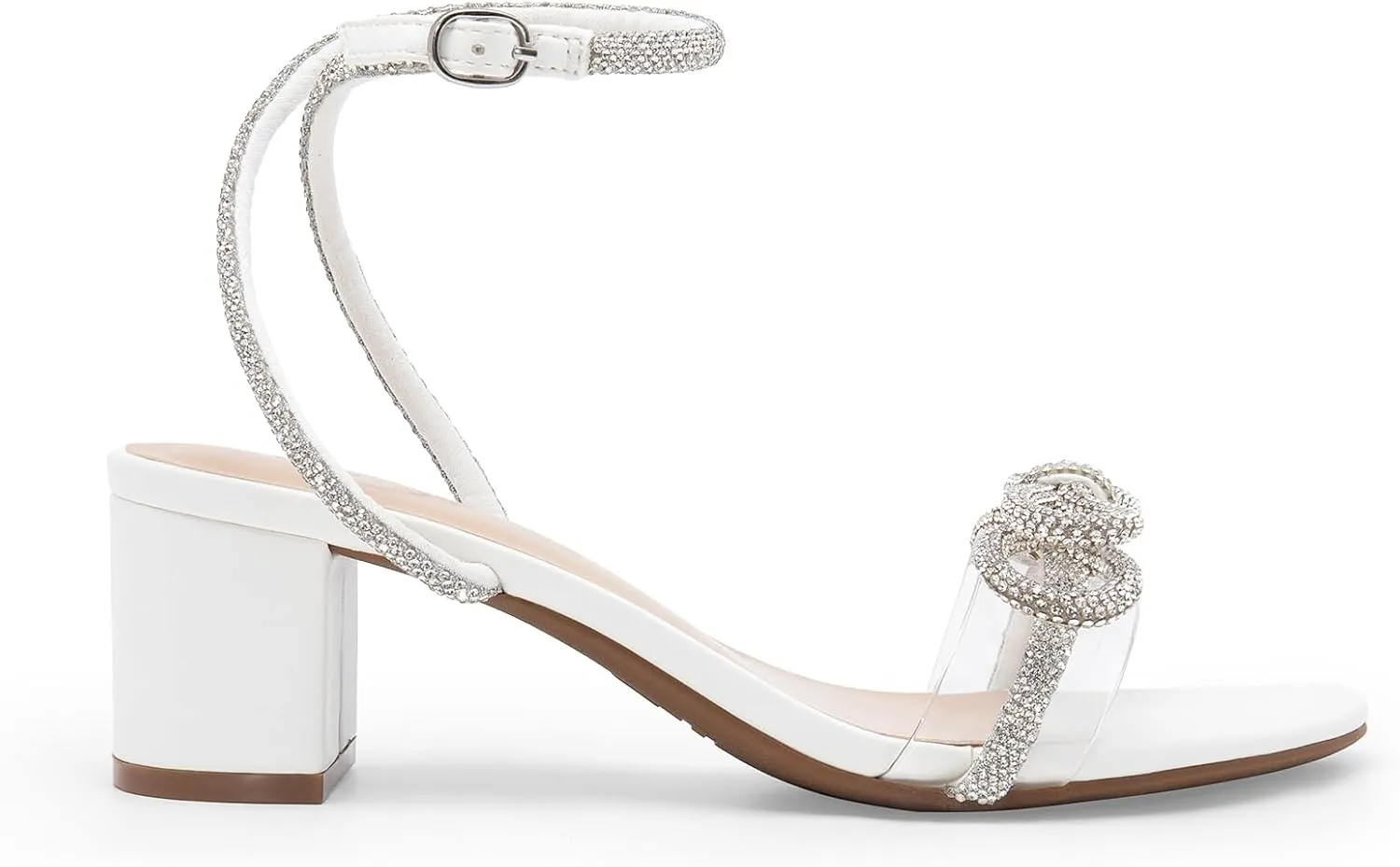 DREAM PAIRS Women's Double Bowknots Crystal Sandals Low Chunky Heels Clear Slingback Dress Shoes for Wedding Bridal Party