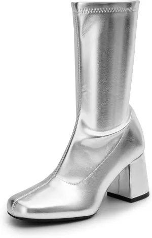 DREAM PAIRS Women's Gogo Boots Mid Calf Low Block Heel Boots Zipper Square Toe Ankle Boots For Party Cosplay Dance