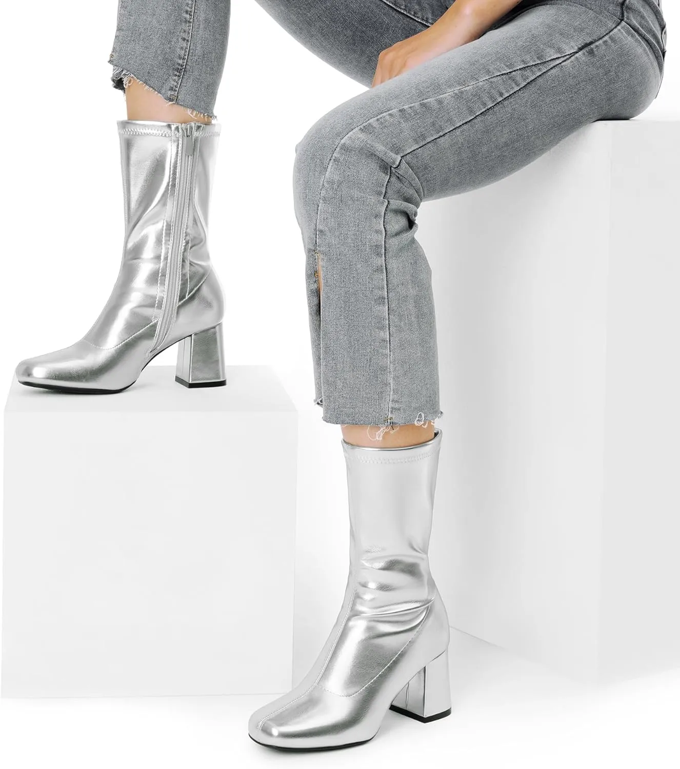 DREAM PAIRS Women's Gogo Boots Mid Calf Low Block Heel Boots Zipper Square Toe Ankle Boots For Party Cosplay Dance