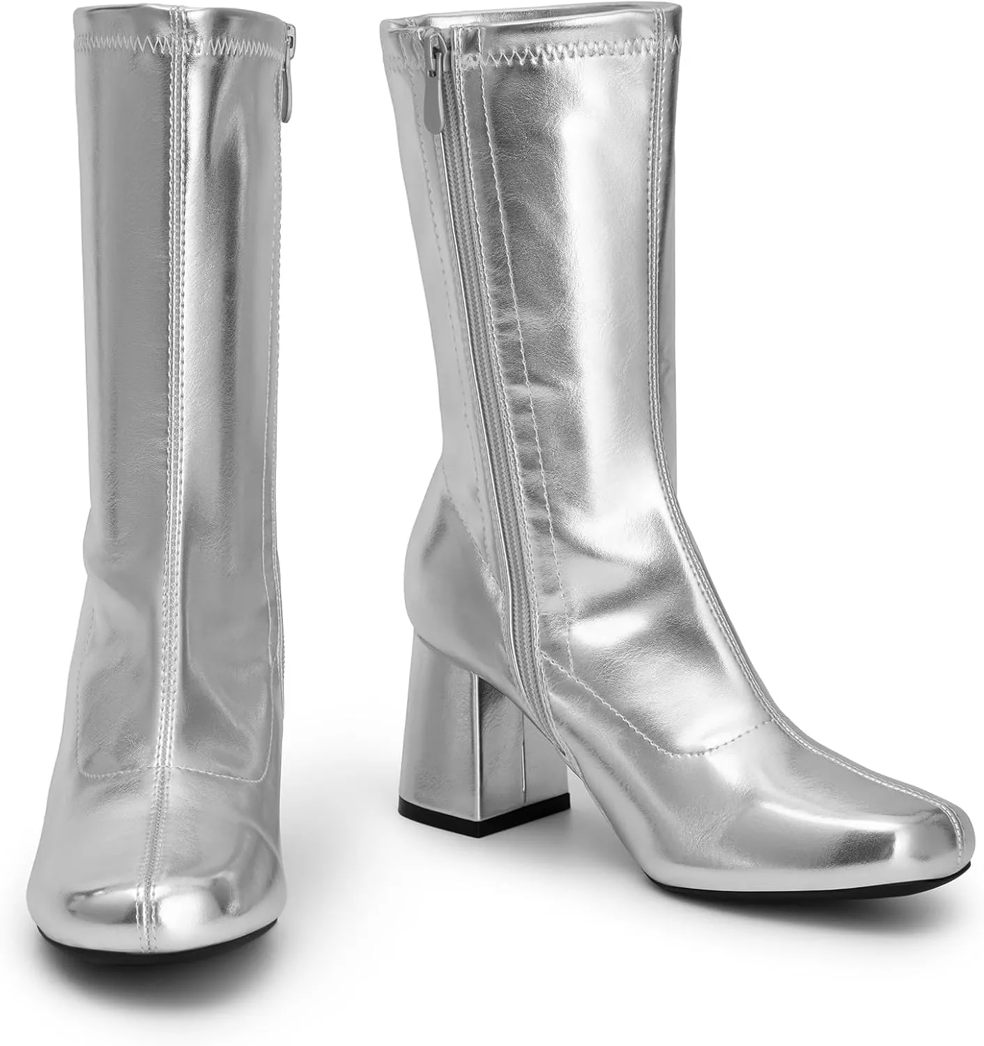DREAM PAIRS Women's Gogo Boots Mid Calf Low Block Heel Boots Zipper Square Toe Ankle Boots For Party Cosplay Dance