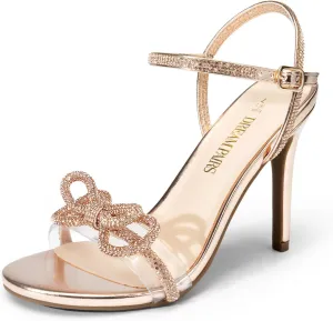 DREAM PAIRS Women's Heels Round Toe Rhinestone Double Bowknots Sparkly Stilettos Heeled Sandals Shoes for Party Evening