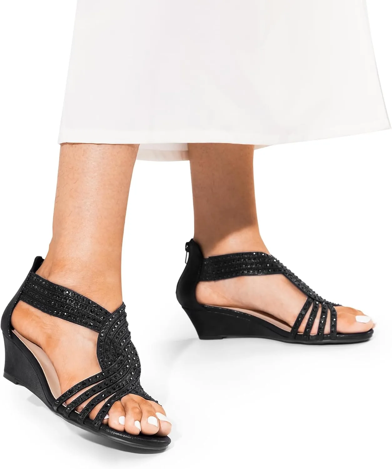 DREAM PAIRS Women's Open Toe Low Wedges Sandals Sparkly Rhinestone Strappy Zipper Weeding Dressy Elegant Summer Shoes for Lady