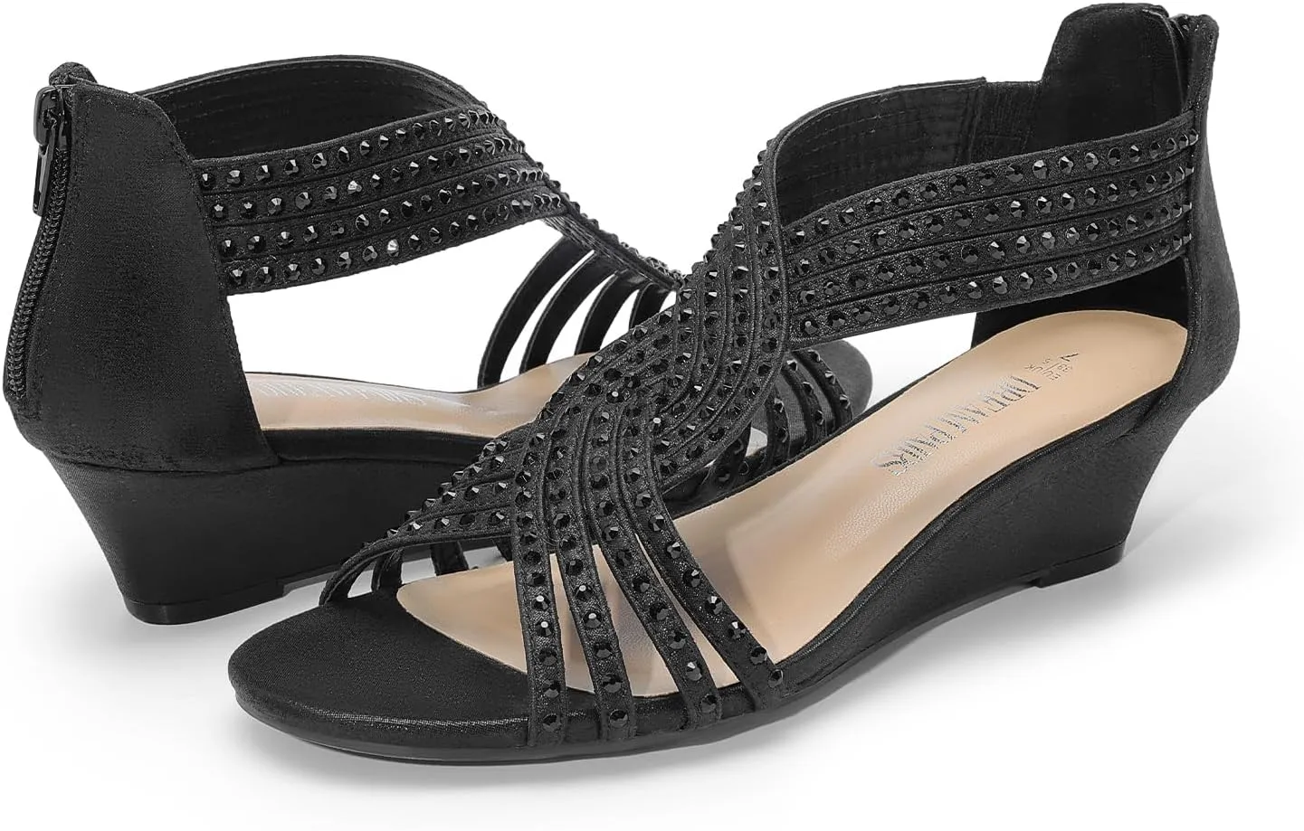 DREAM PAIRS Women's Open Toe Low Wedges Sandals Sparkly Rhinestone Strappy Zipper Weeding Dressy Elegant Summer Shoes for Lady