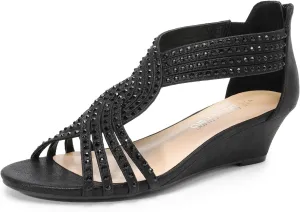 DREAM PAIRS Women's Open Toe Low Wedges Sandals Sparkly Rhinestone Strappy Zipper Weeding Dressy Elegant Summer Shoes for Lady