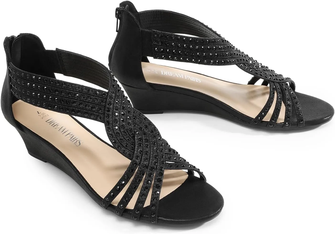DREAM PAIRS Women's Open Toe Low Wedges Sandals Sparkly Rhinestone Strappy Zipper Weeding Dressy Elegant Summer Shoes for Lady