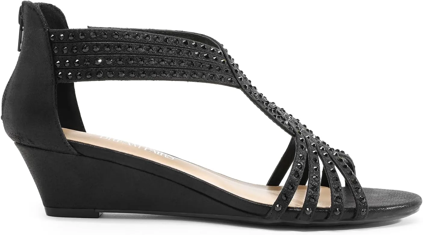 DREAM PAIRS Women's Open Toe Low Wedges Sandals Sparkly Rhinestone Strappy Zipper Weeding Dressy Elegant Summer Shoes for Lady