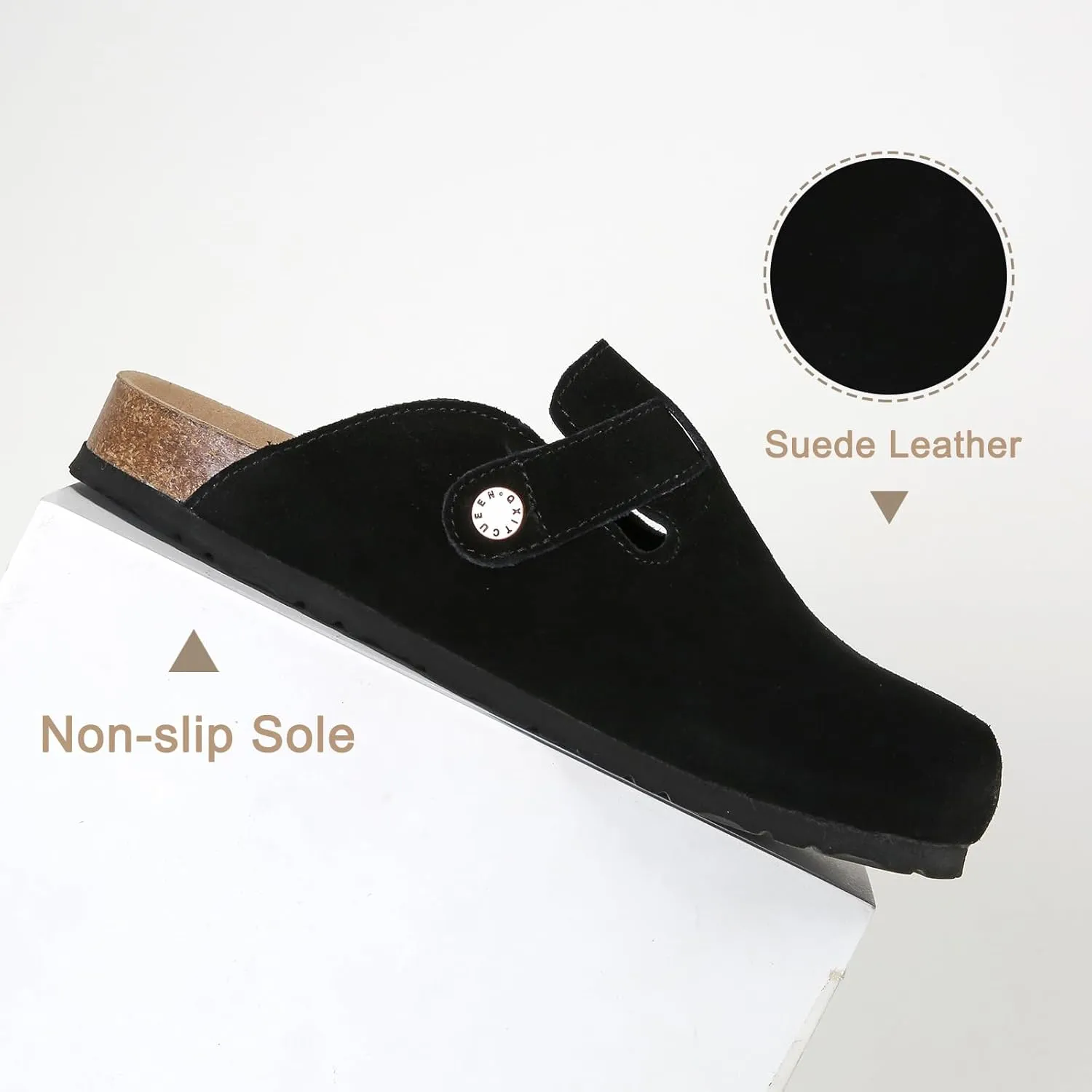 Dumalum Suede Clogs for Women and Men - Adjustable Buckle Slip-on Cork Footbed Mules with Antislip Sole - Unisex Slippers