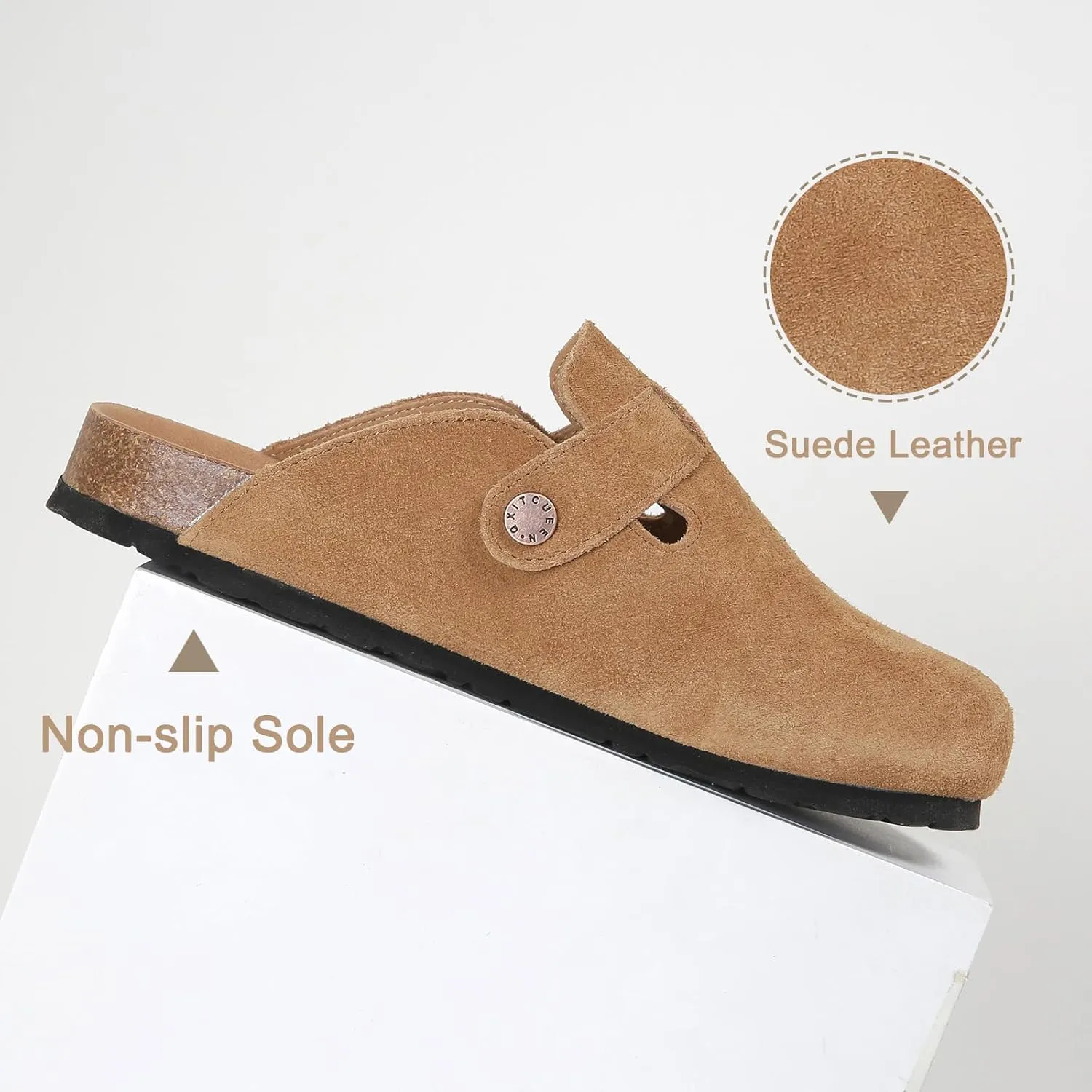 Dumalum Suede Clogs for Women and Men - Adjustable Buckle Slip-on Cork Footbed Mules with Antislip Sole - Unisex Slippers