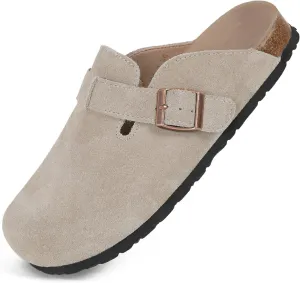 Dumalum Suede Clogs for Women and Men - Adjustable Buckle Slip-on Cork Footbed Mules with Antislip Sole - Unisex Slippers