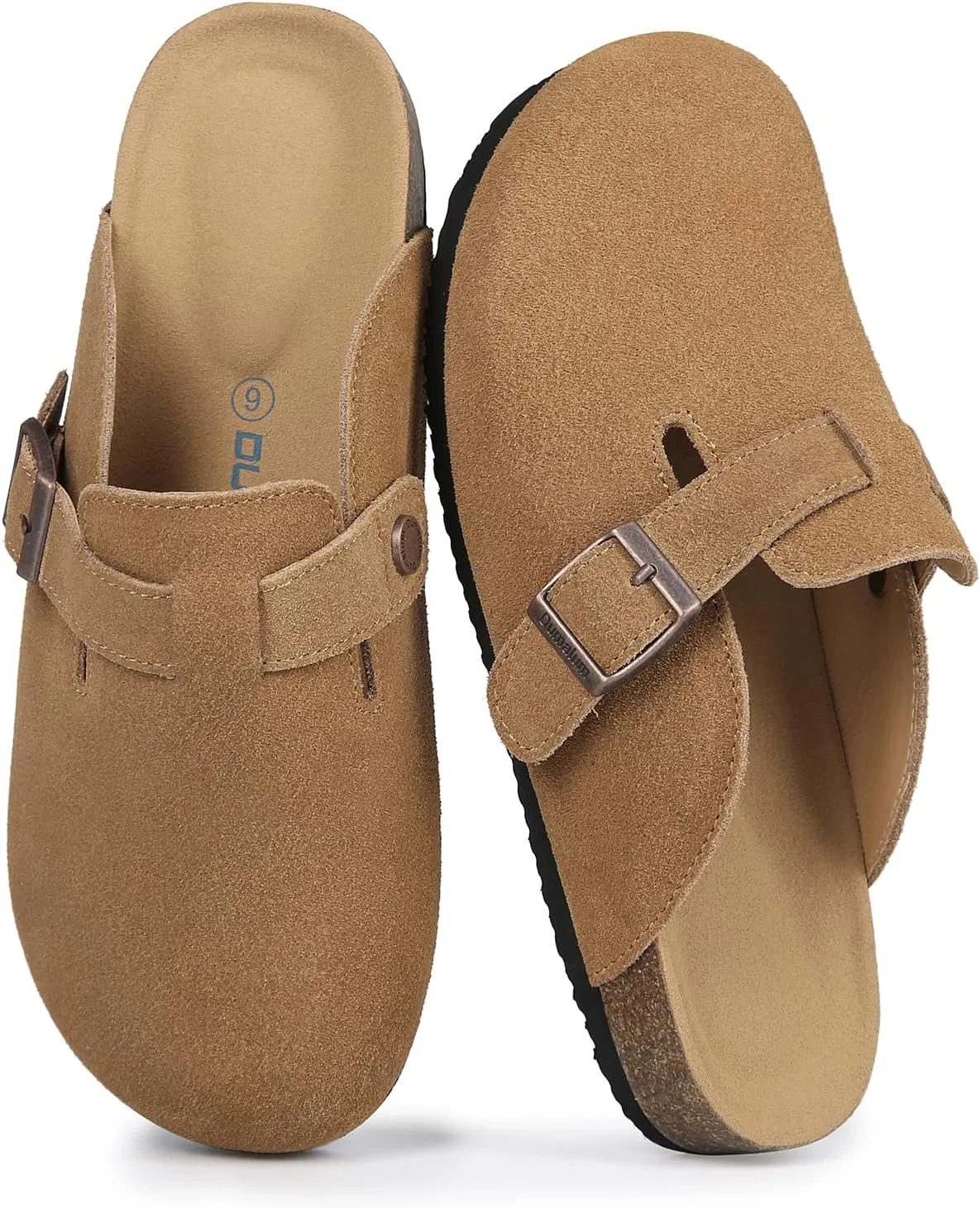 Dumalum Suede Clogs for Women and Men - Adjustable Buckle Slip-on Cork Footbed Mules with Antislip Sole - Unisex Slippers