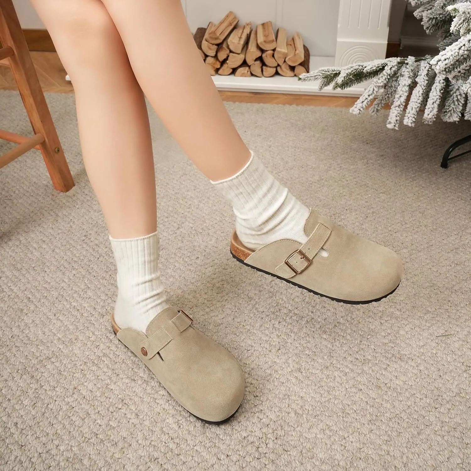 Dumalum Suede Clogs for Women and Men - Adjustable Buckle Slip-on Cork Footbed Mules with Antislip Sole - Unisex Slippers