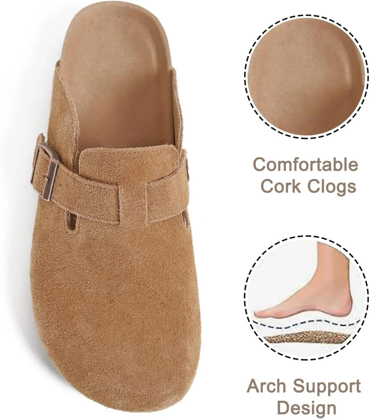 Dumalum Suede Clogs for Women and Men - Adjustable Buckle Slip-on Cork Footbed Mules with Antislip Sole - Unisex Slippers