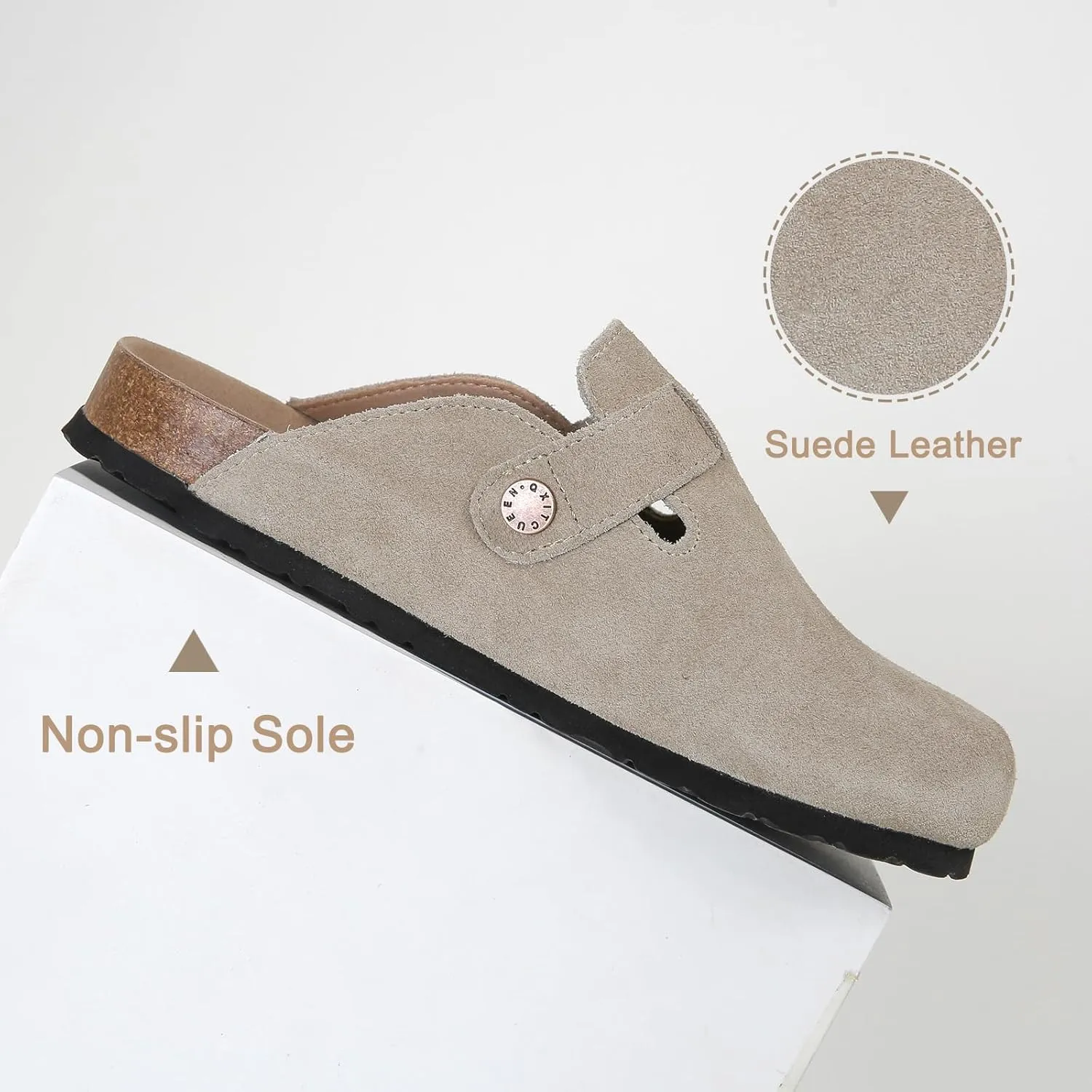 Dumalum Suede Clogs for Women and Men - Adjustable Buckle Slip-on Cork Footbed Mules with Antislip Sole - Unisex Slippers