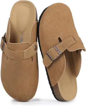 Dumalum Suede Clogs for Women and Men - Adjustable Buckle Slip-on Cork Footbed Mules with Antislip Sole - Unisex Slippers