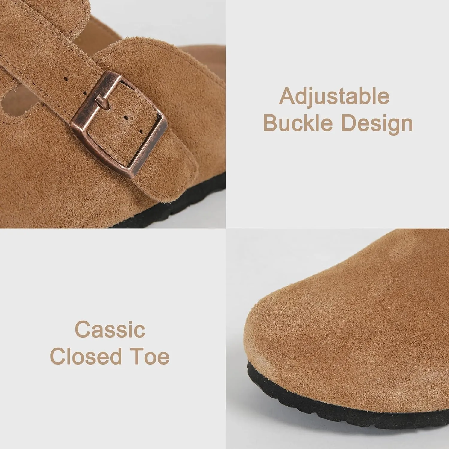 Dumalum Suede Clogs for Women and Men - Adjustable Buckle Slip-on Cork Footbed Mules with Antislip Sole - Unisex Slippers