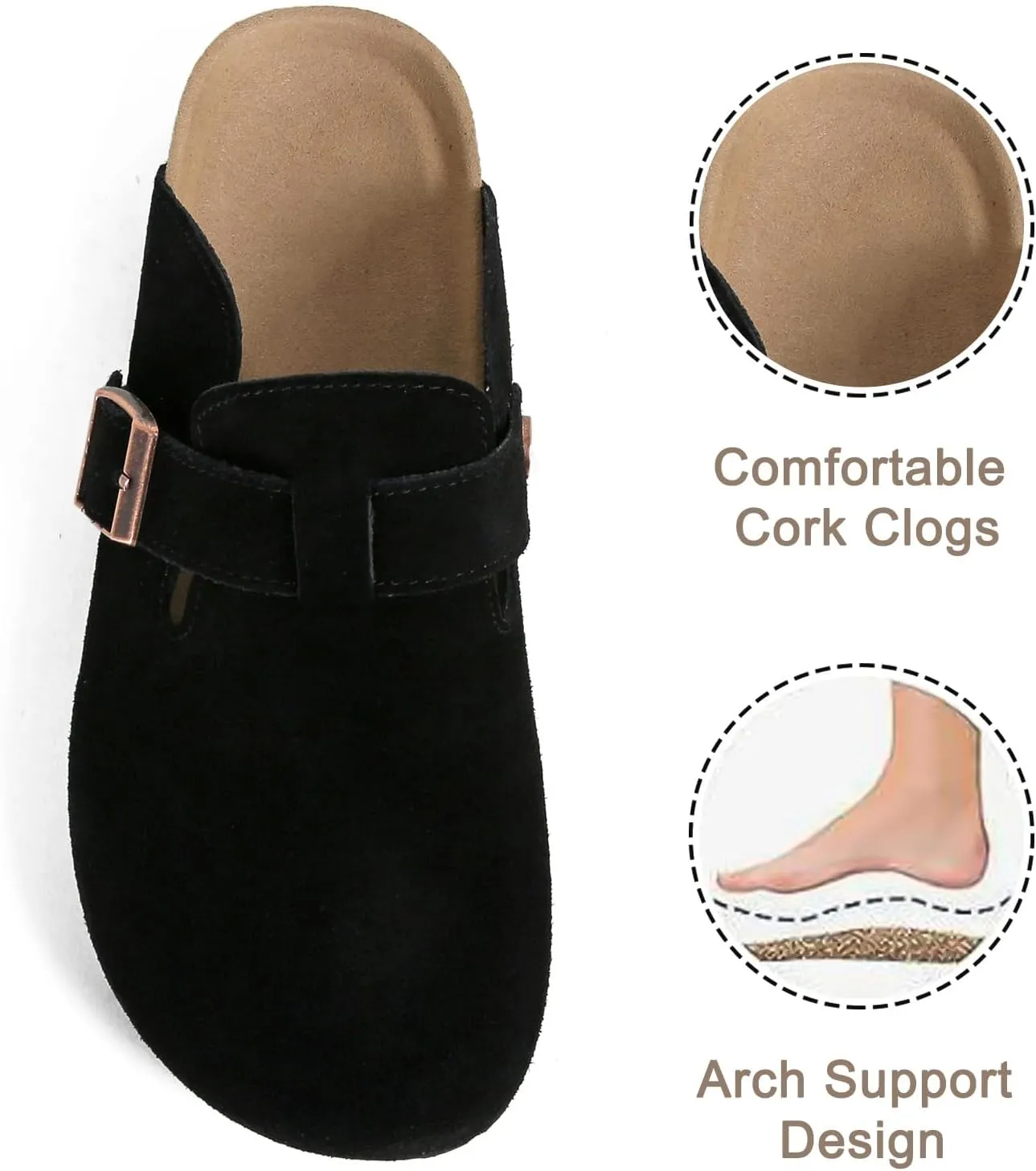 Dumalum Suede Clogs for Women and Men - Adjustable Buckle Slip-on Cork Footbed Mules with Antislip Sole - Unisex Slippers