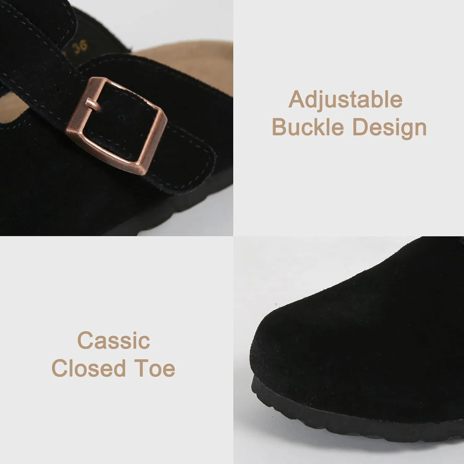 Dumalum Suede Clogs for Women and Men - Adjustable Buckle Slip-on Cork Footbed Mules with Antislip Sole - Unisex Slippers