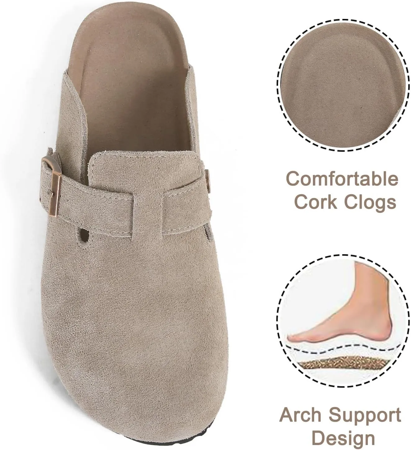 Dumalum Suede Clogs for Women and Men - Adjustable Buckle Slip-on Cork Footbed Mules with Antislip Sole - Unisex Slippers