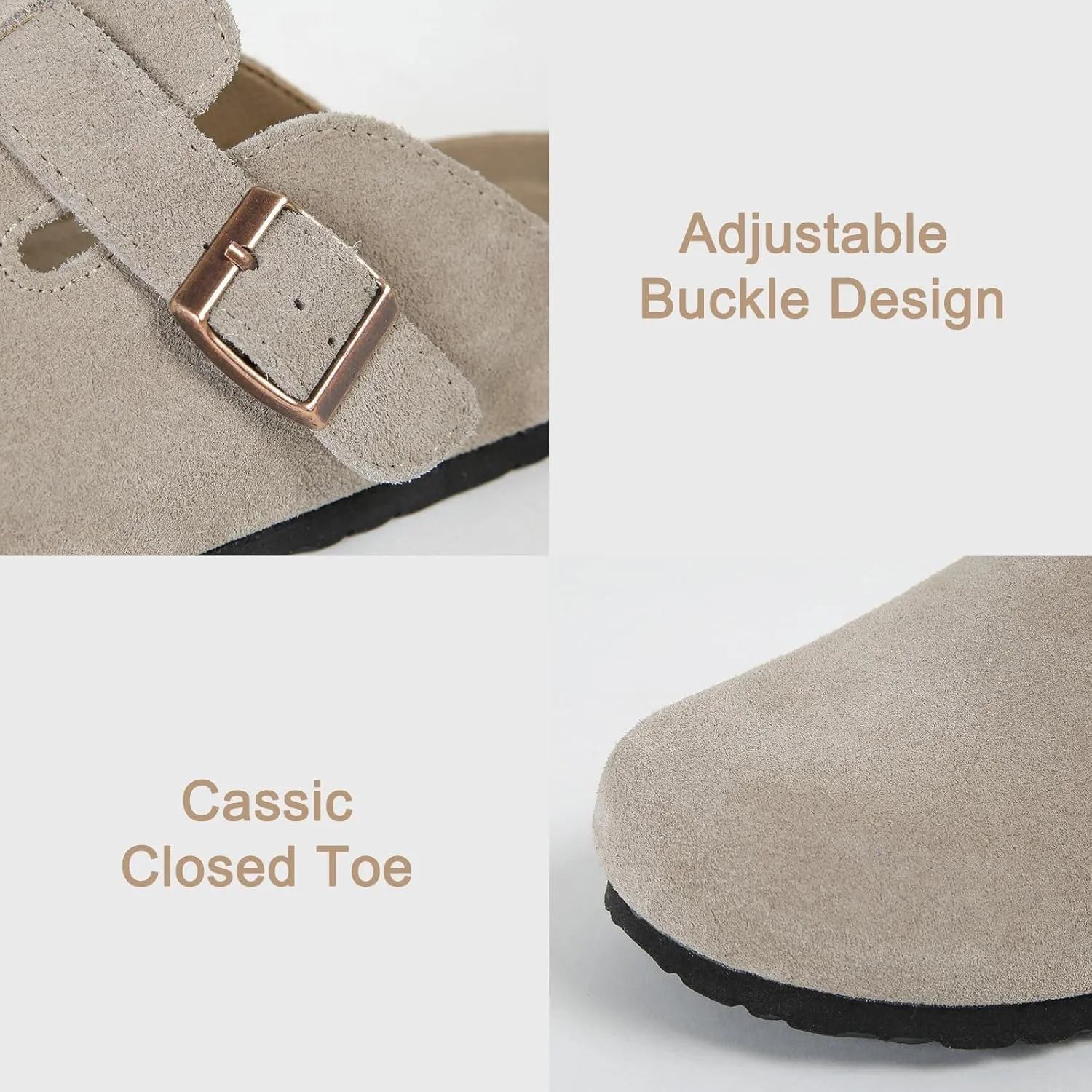 Dumalum Suede Clogs for Women and Men - Adjustable Buckle Slip-on Cork Footbed Mules with Antislip Sole - Unisex Slippers