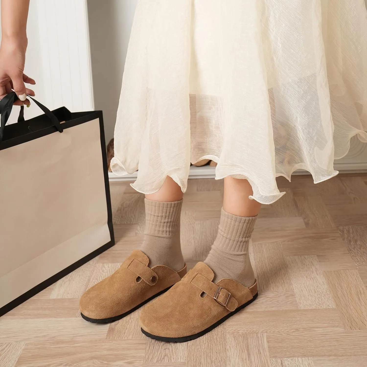 Dumalum Suede Clogs for Women and Men - Adjustable Buckle Slip-on Cork Footbed Mules with Antislip Sole - Unisex Slippers