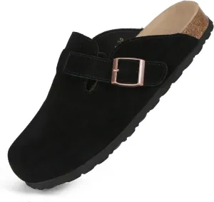 Dumalum Suede Clogs for Women and Men - Adjustable Buckle Slip-on Cork Footbed Mules with Antislip Sole - Unisex Slippers
