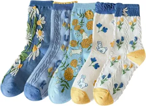 DXYAKY 5 Pairs Vintage Floral Crew Socks for Women, Soft Cotton Embroidered, Cottagecore Ruffle Socks for Casual & Dress Wear
