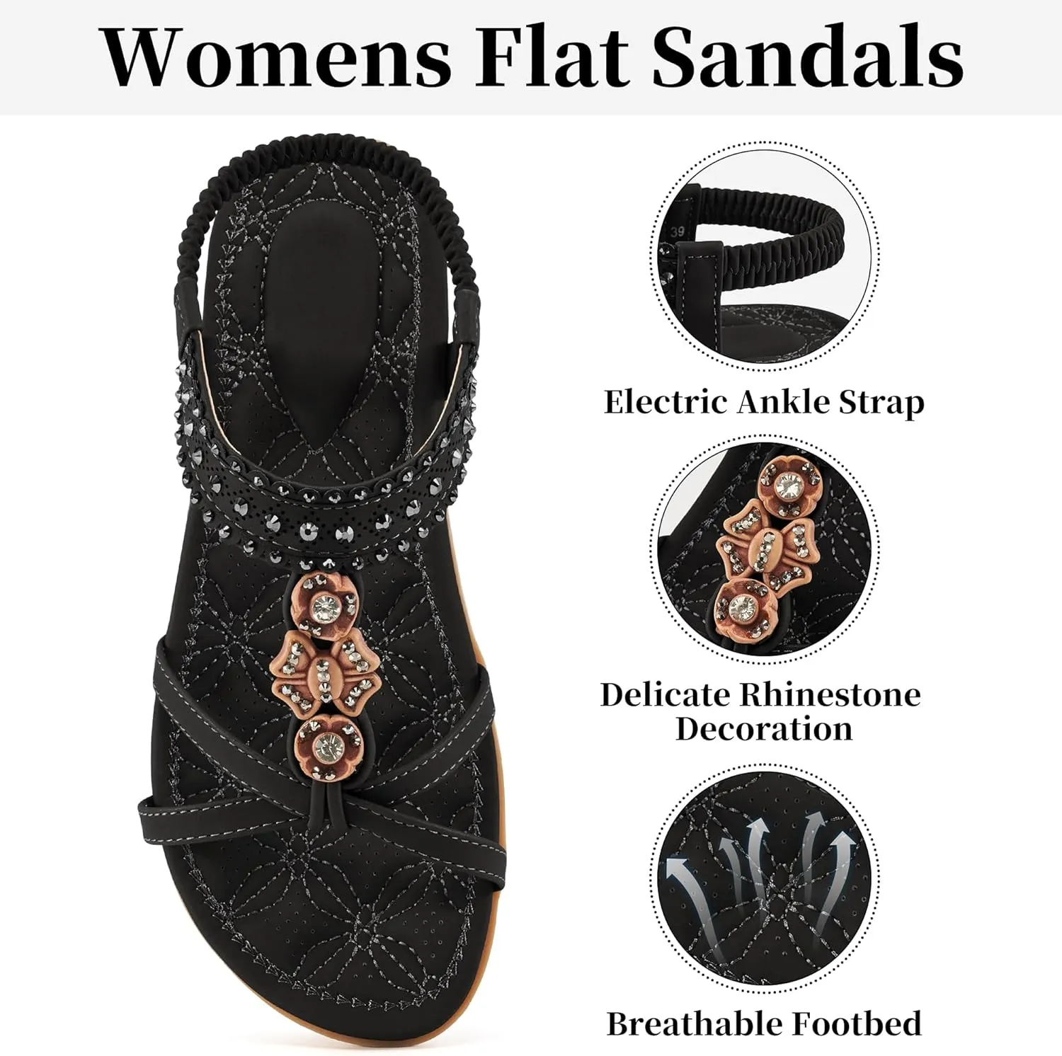 Ecetana Womens Flats Sandals Dressy Summer Boho Comfortable Casual Ankle Strap Non Slip Rhinestone Shoes