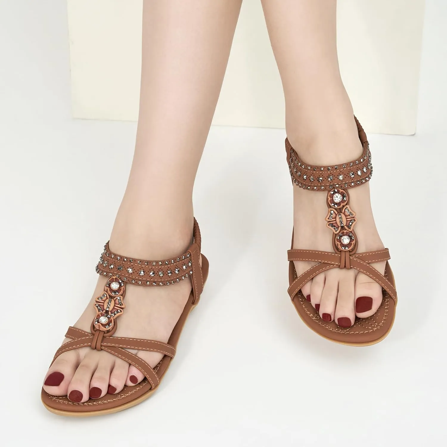 Ecetana Womens Flats Sandals Dressy Summer Boho Comfortable Casual Ankle Strap Non Slip Rhinestone Shoes