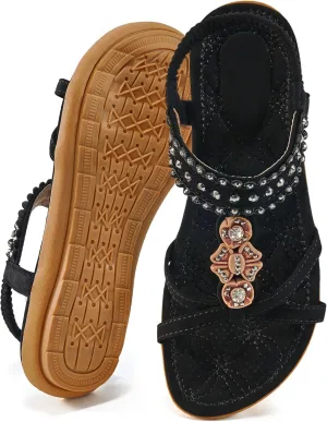 Ecetana Womens Flats Sandals Dressy Summer Boho Comfortable Casual Ankle Strap Non Slip Rhinestone Shoes