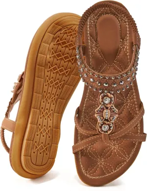Ecetana Womens Flats Sandals Dressy Summer Boho Comfortable Casual Ankle Strap Non Slip Rhinestone Shoes