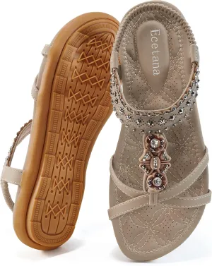 Ecetana Womens Flats Sandals Dressy Summer Boho Comfortable Casual Ankle Strap Non Slip Rhinestone Shoes